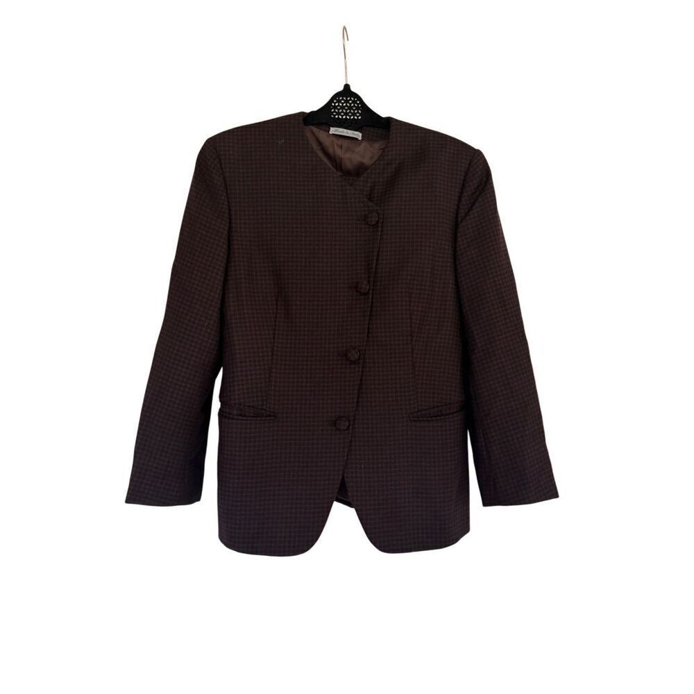 Vintage Burberry Womens Black Brown Plaid Wool Cashmere Skirt Suit Set Size 40